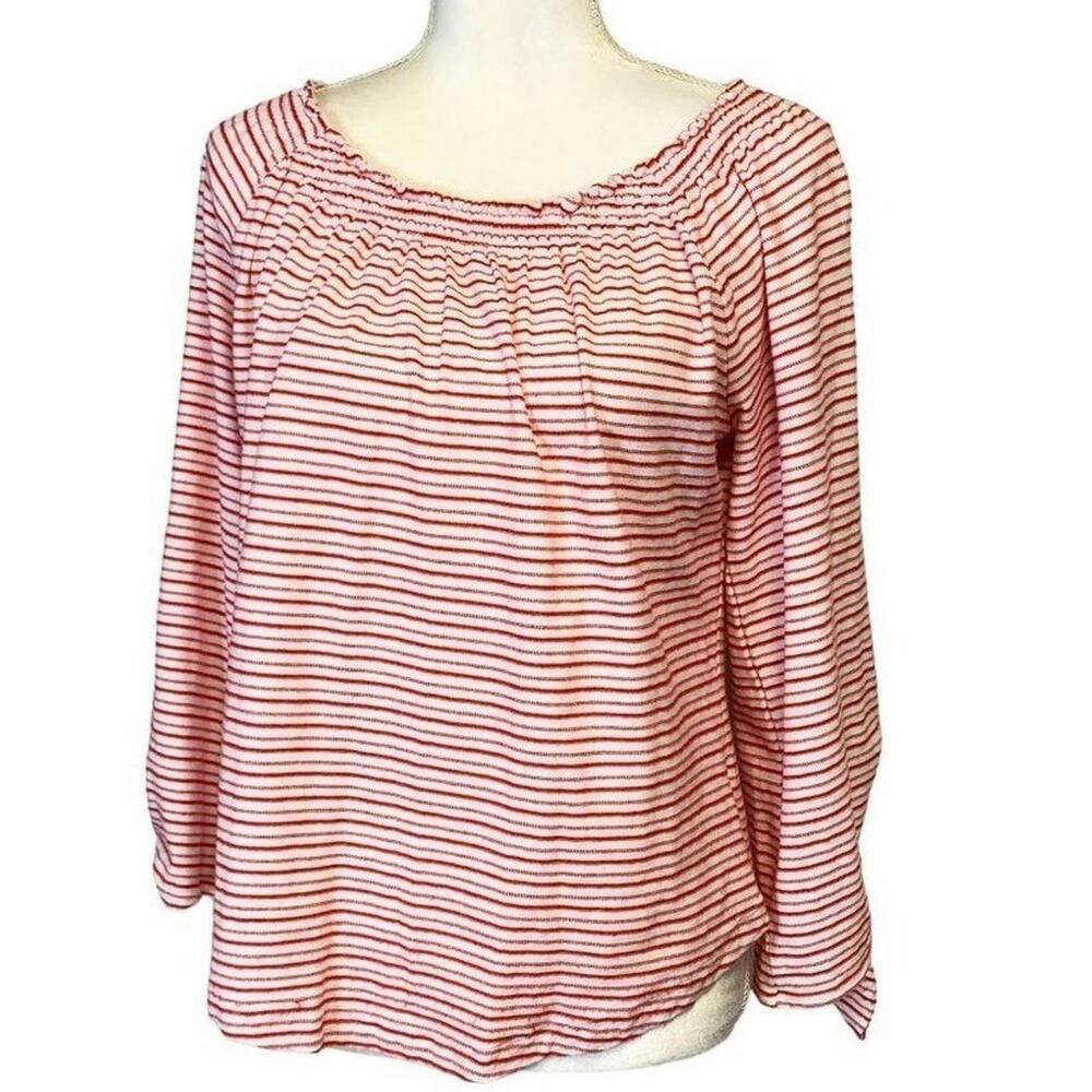 Lauren Ralph Lauren Tie Bell Sleeve Shirred Red & White‎ Stripes Top Blouse Med